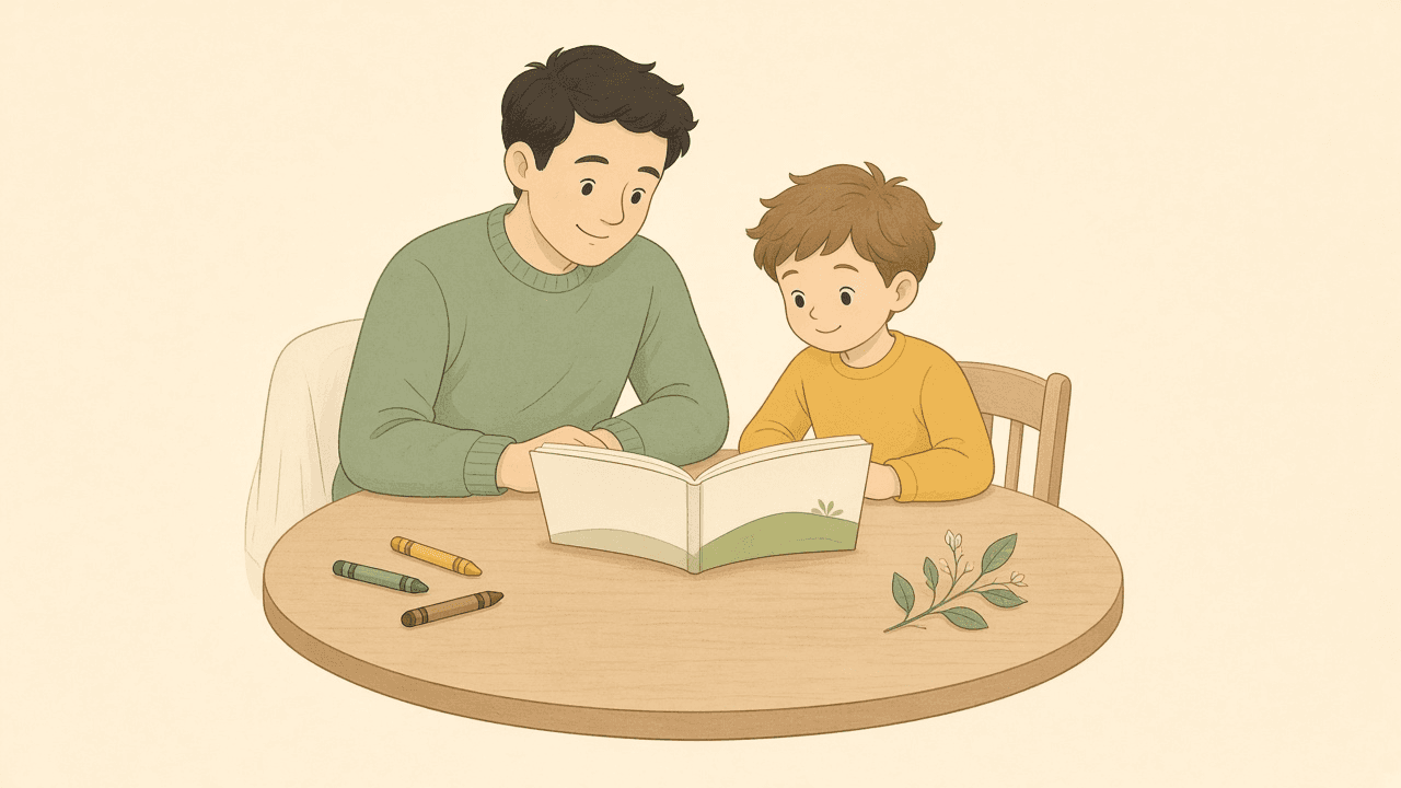 A parent and young child look at one picture book together at the kitchen table
