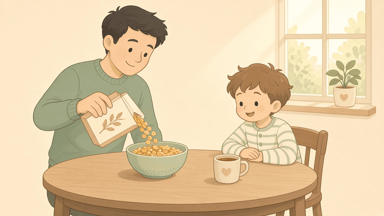 A parent pours cereal while a child in pajamas sits at the table, in no rush