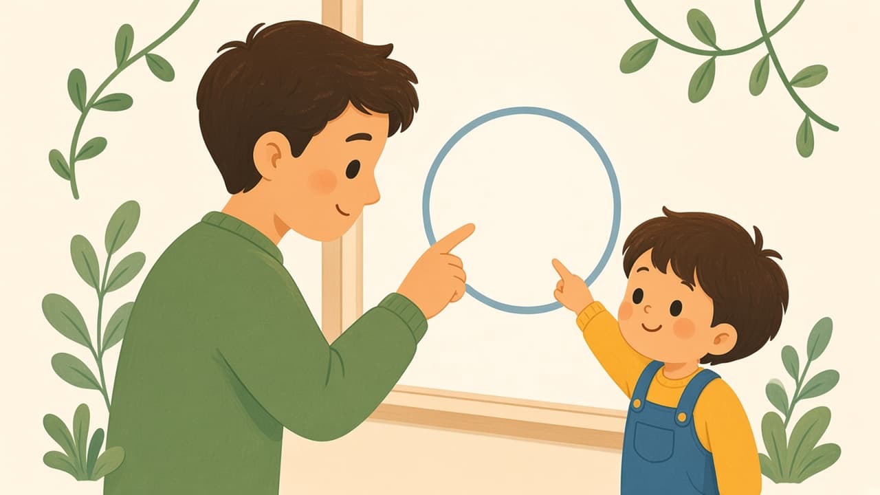 A parent and child trace a circle on a window