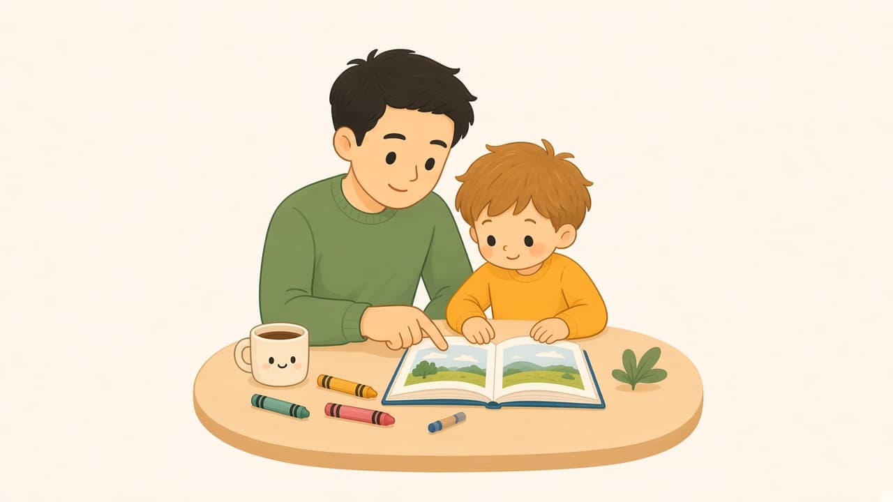 A parent and child share one picture book after breakfast