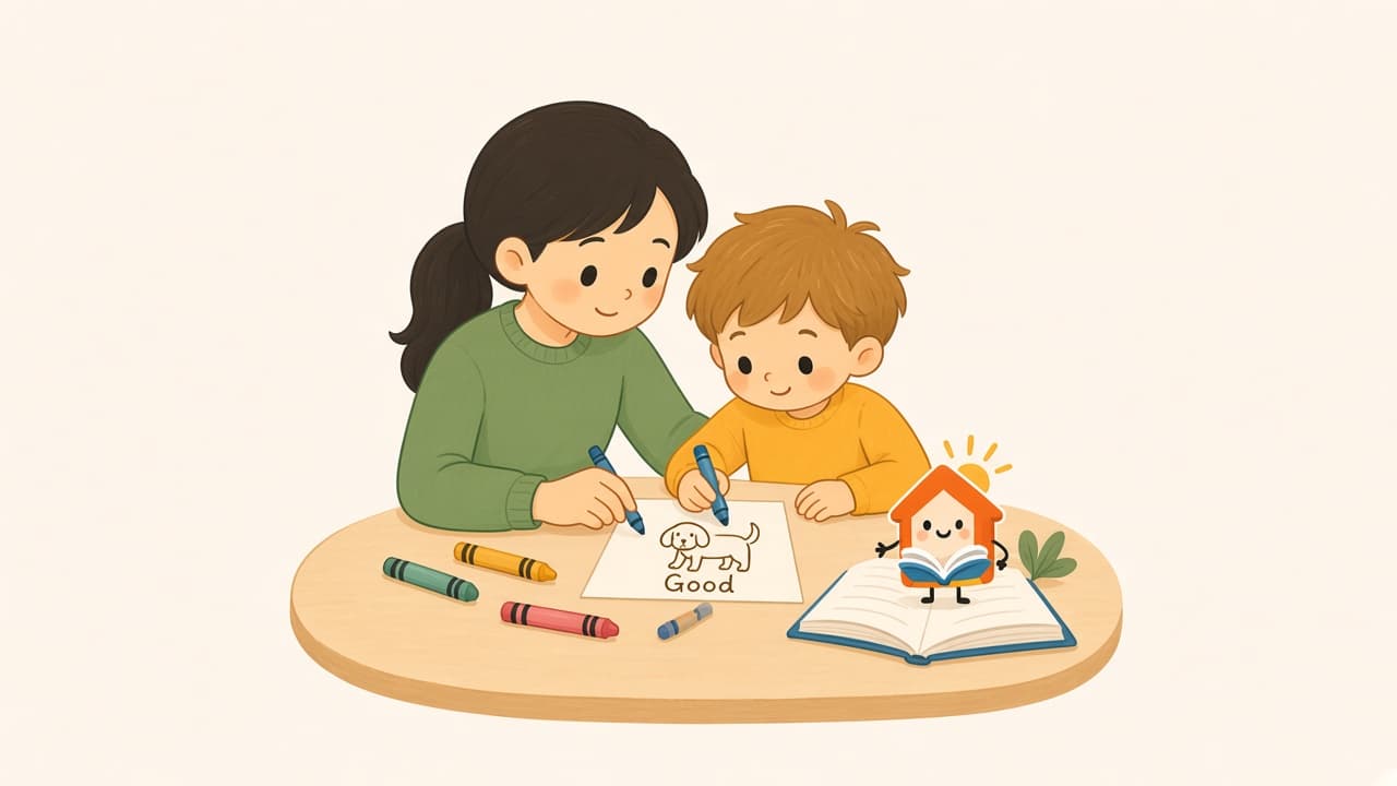 A young child drawing or writing on paper at home
