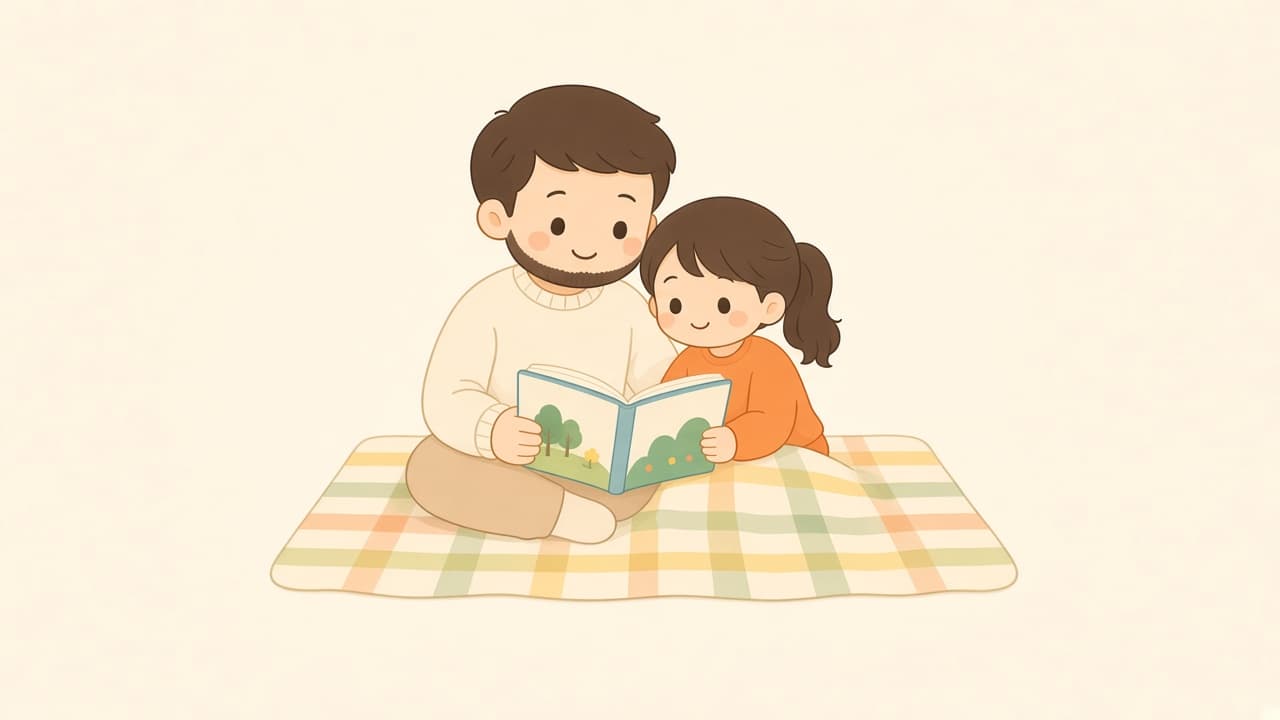 A parent and child share one picture book. No workbooks