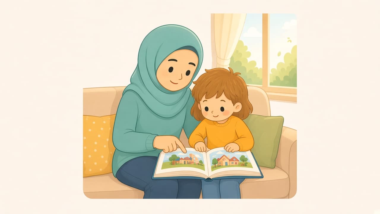 A parent and child read on a sofa in daylight