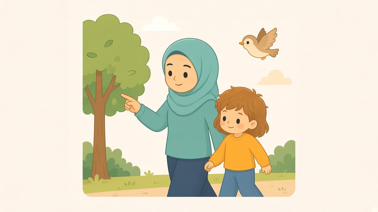 A parent and child take a short walk and name what they see