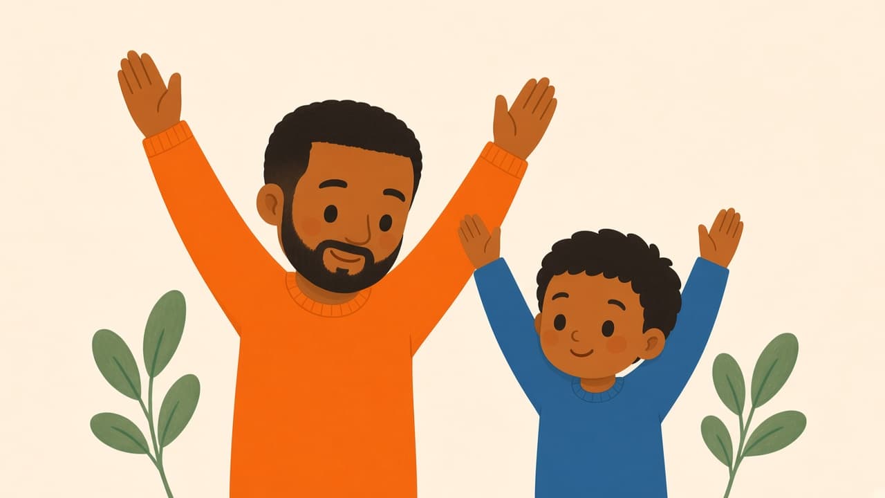 A parent and child make big letter shapes in the air