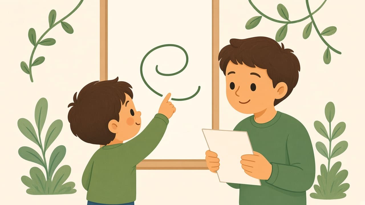 A child traces a line on a window while a parent steadies the paper