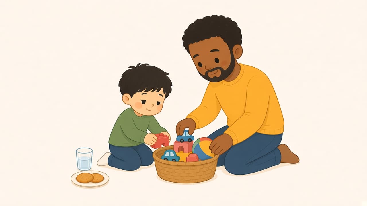 A parent and child put toys into a basket together