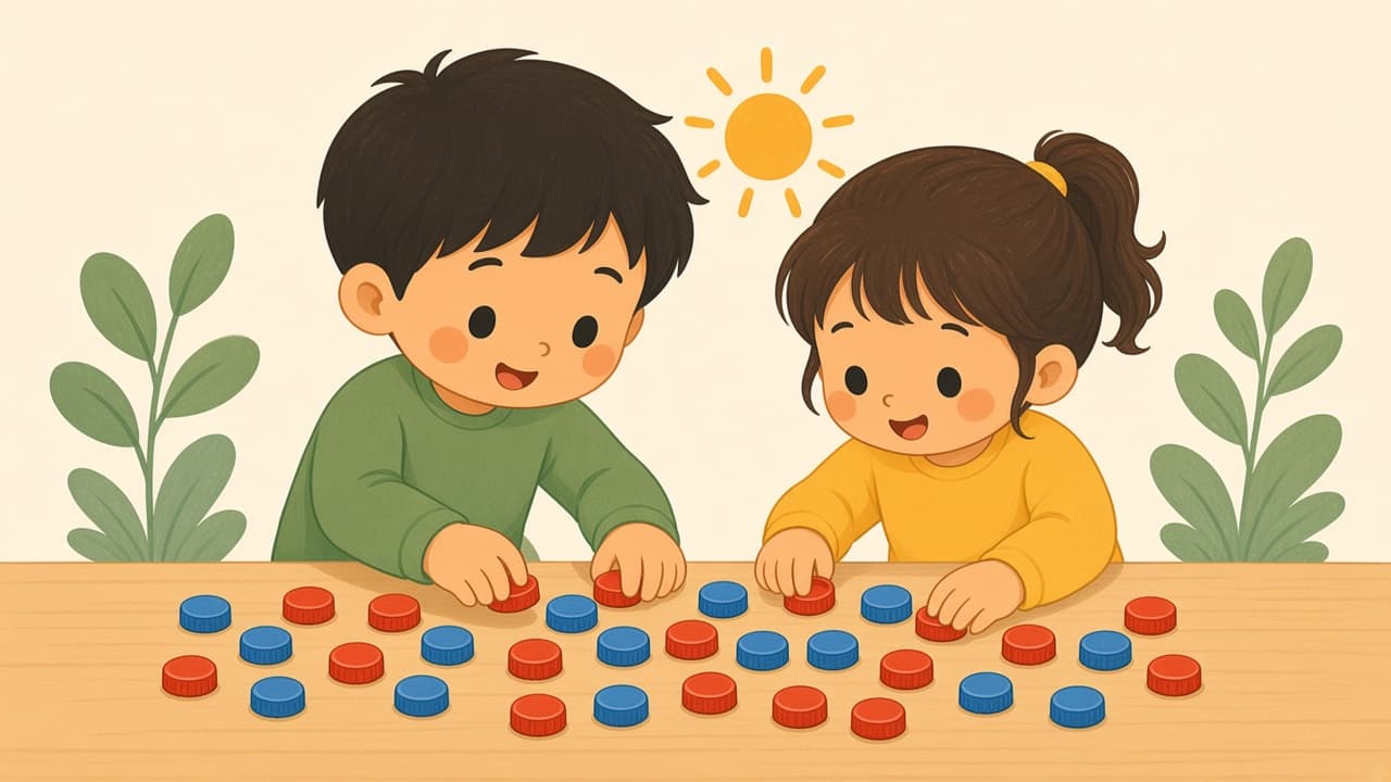 A parent and child make a red-blue pattern with bottle caps