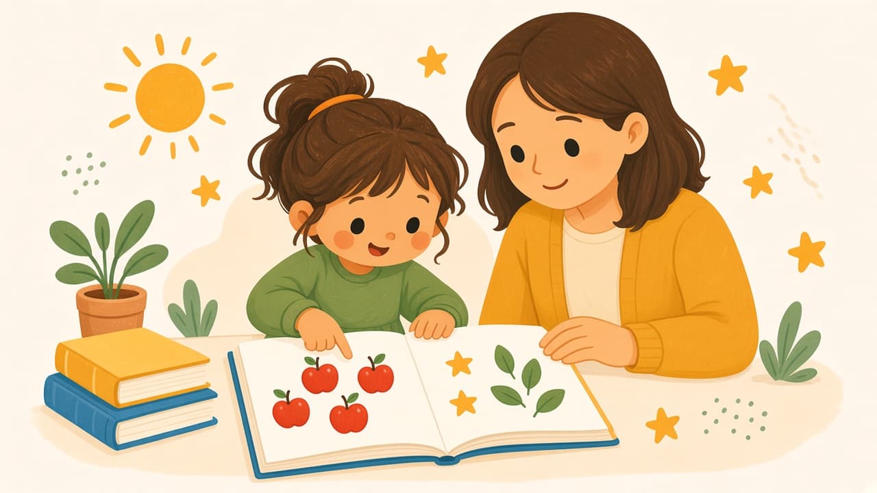 A helper and a child sit with one short number page