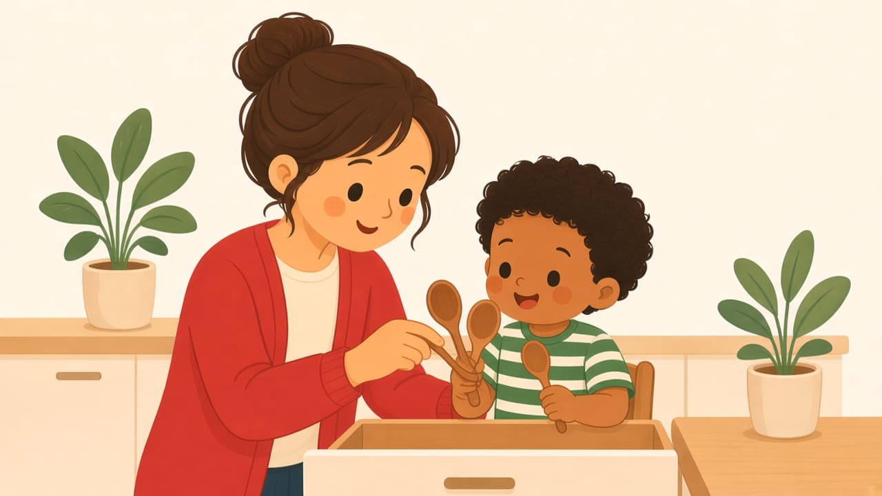 A parent and child count spoons from an open drawer