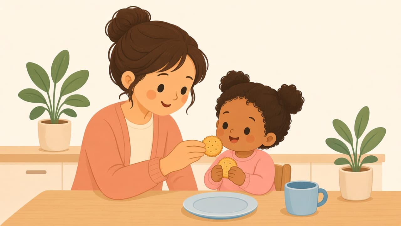 A parent and toddler share a snack, one for you, one for me