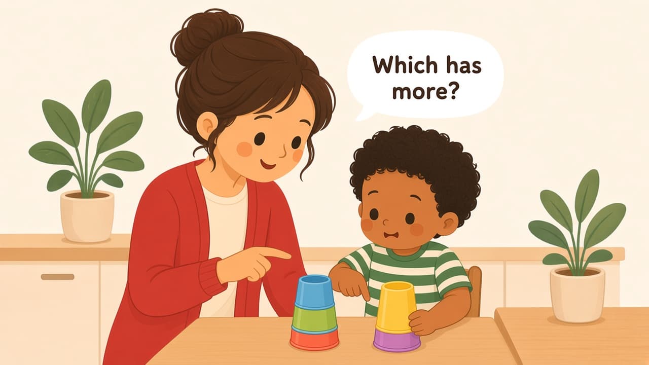A child compares two piles of cups while a parent asks which has more