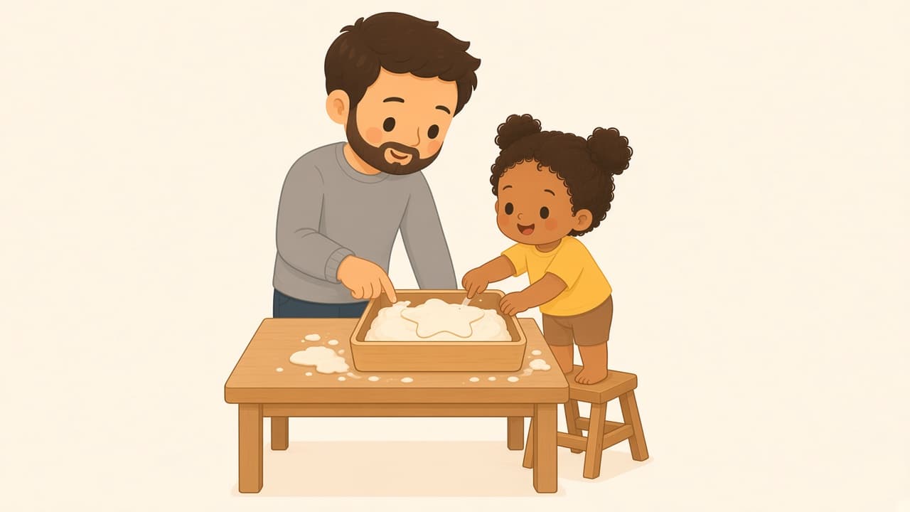 A child traces a big line in a flour tray. Parent watches