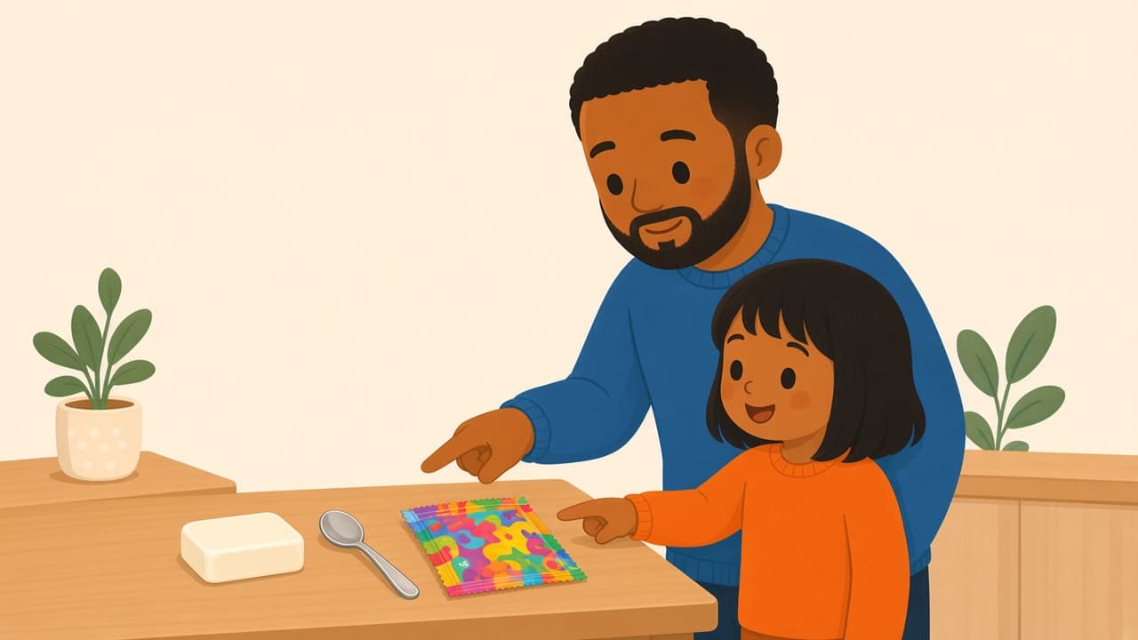 Soap, a spoon, and a sock on the table. Parent and child listen for sss