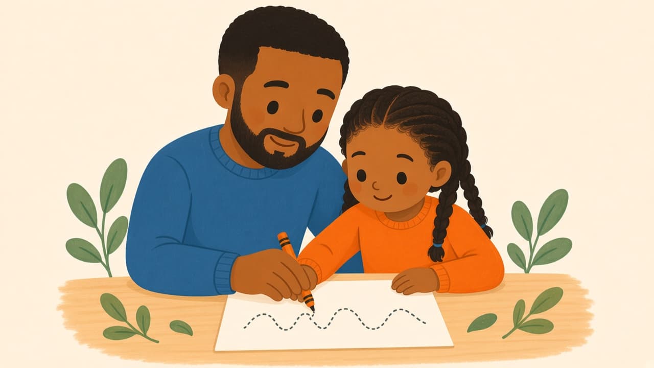 A parent guides a child’s hand on one name page, not an A to Z pack