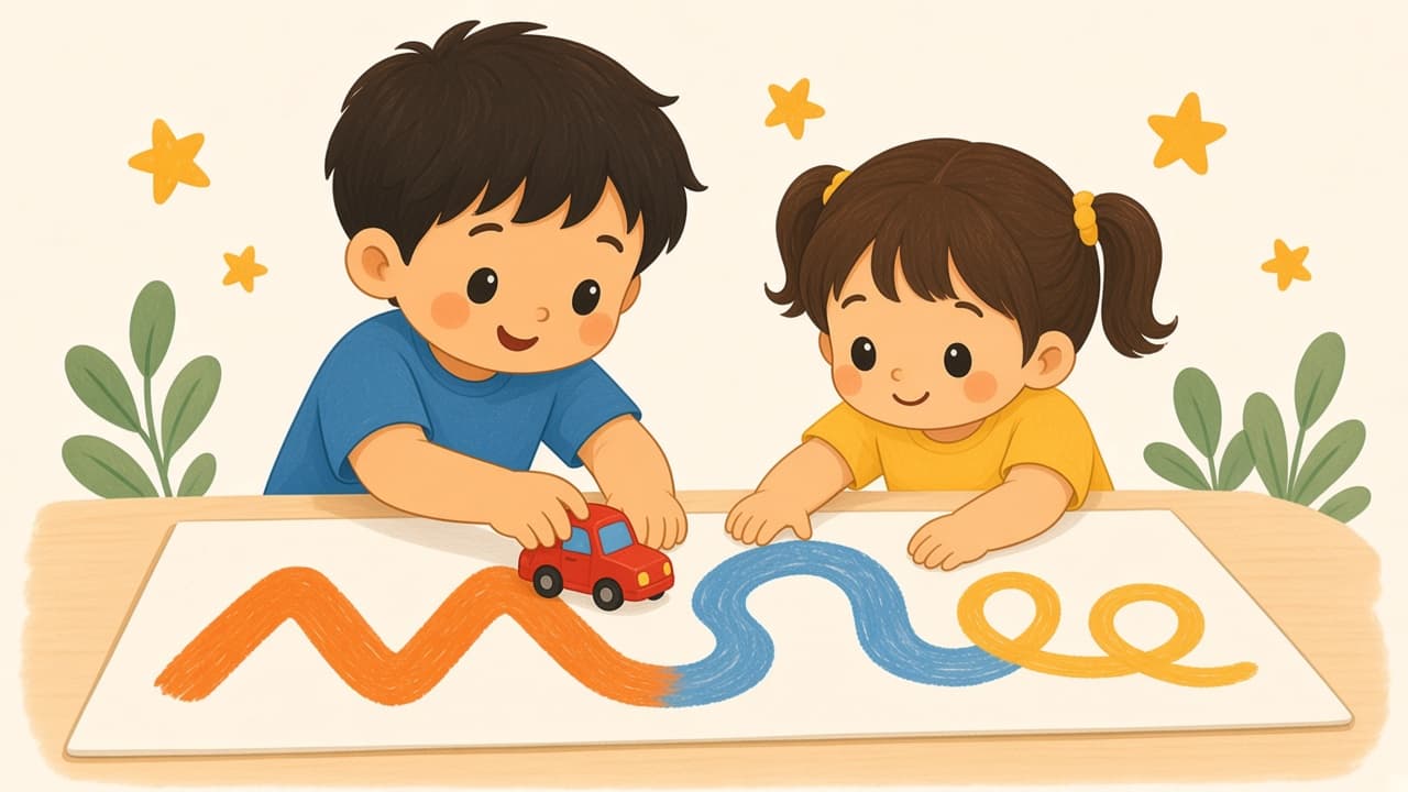 A parent and child follow a zigzag with a toy car