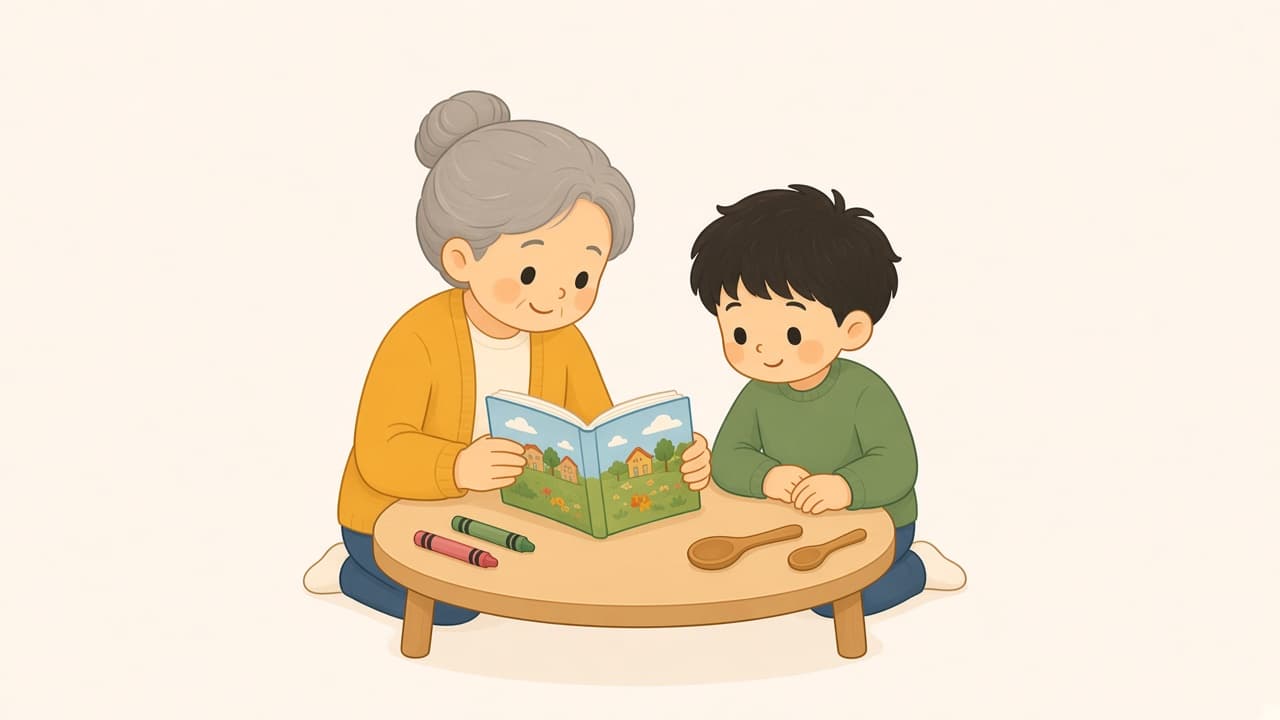 One book, three crayons, and two spoons. Nothing else on the table