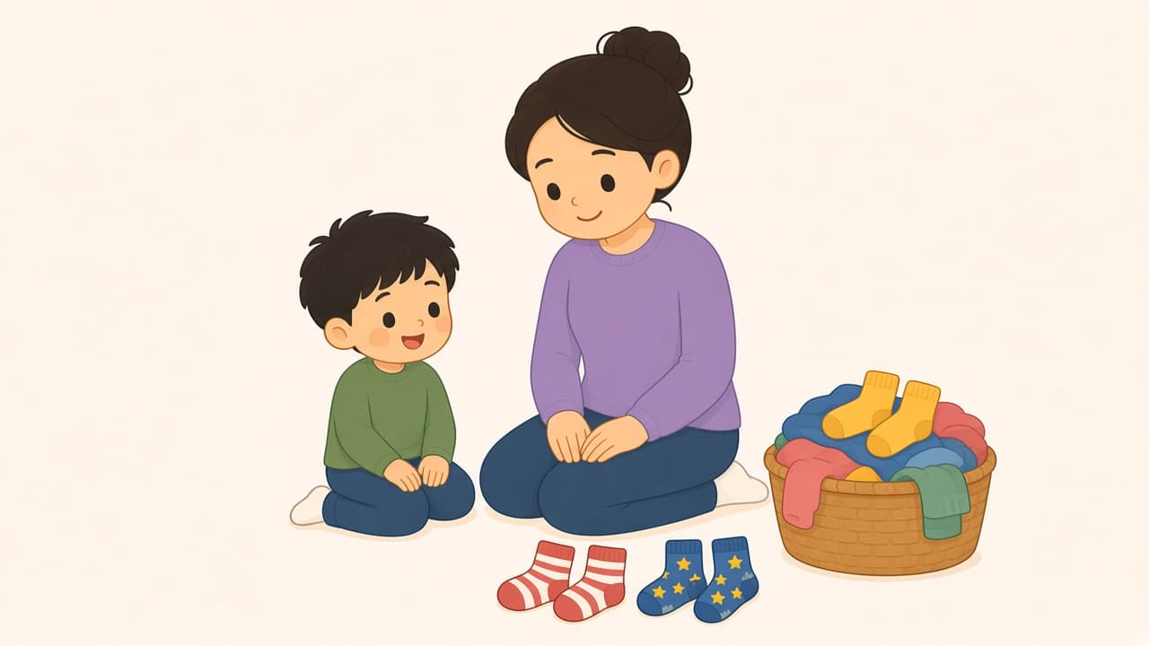 A parent and child match two pairs of socks, then stop