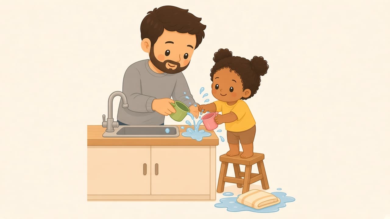 A parent and toddler pour water between two cups at the sink