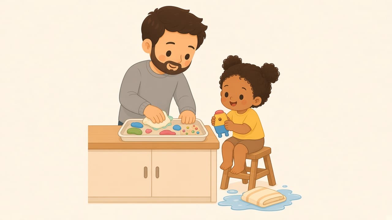 A parent wipes a tray while the toddler still sits nearby