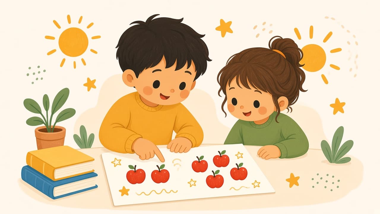 A parent and child count two groups of apples on one sheet