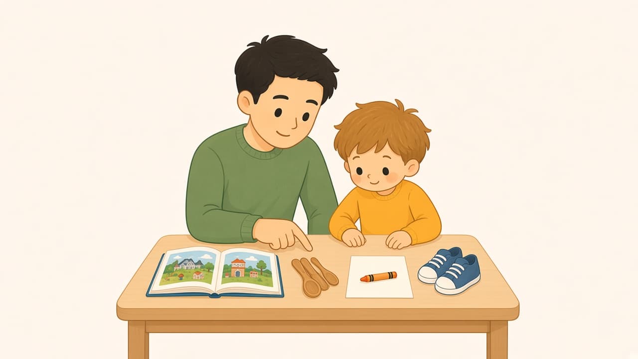Four ordinary jobs: a book, spoons, a crayon, and a pair of shoes