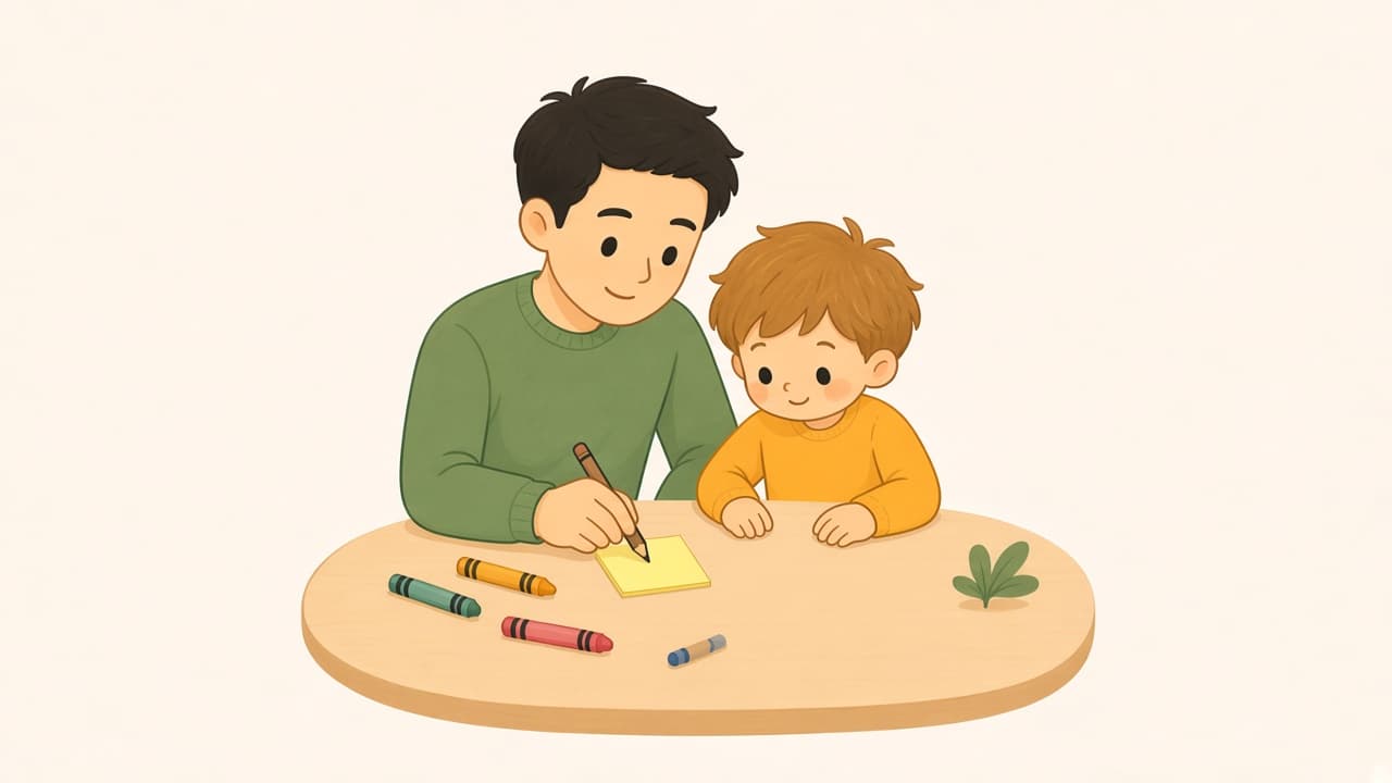 A parent writes one time of day on a sticky note, not a weekly grid